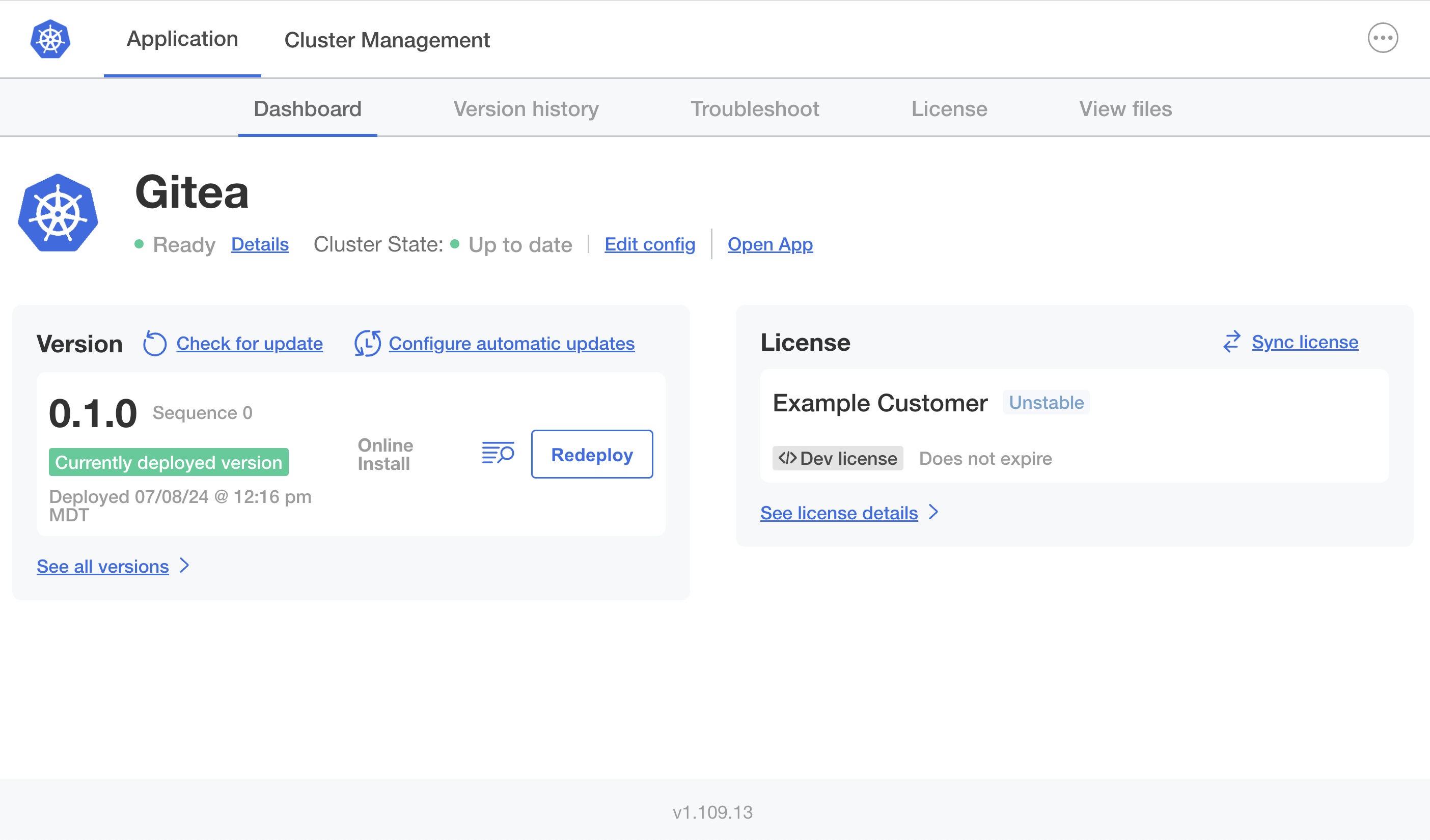 Admin console dashboard showing ready status